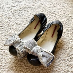 Prada, Charcoal Gray& Light blue, Denim&Leather, Flat shoes, US size 6